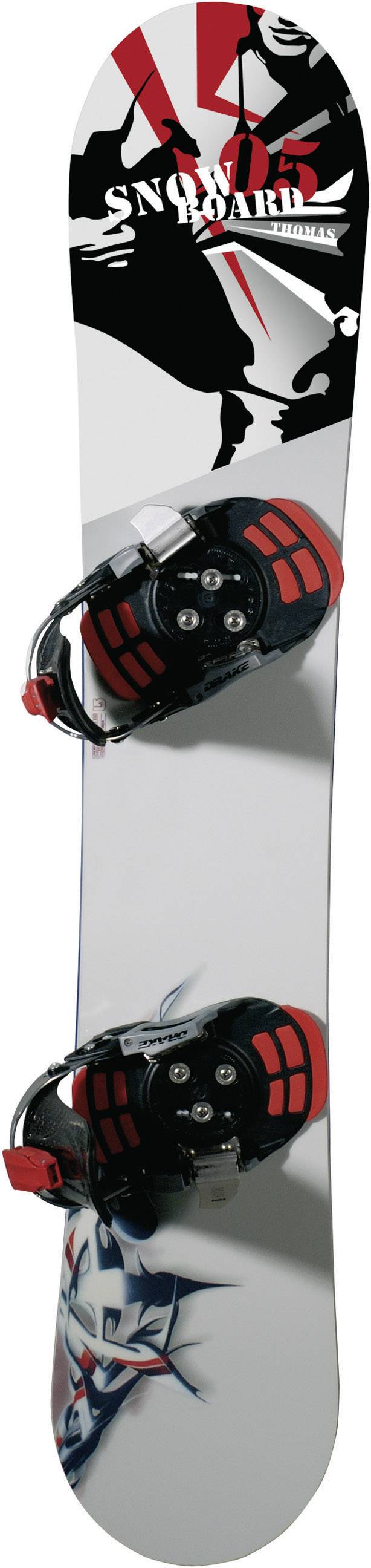 Snowboard s grafickým designem v červené a černé barvě, vybavené vázáním, zobrazené na bílém povrchu.