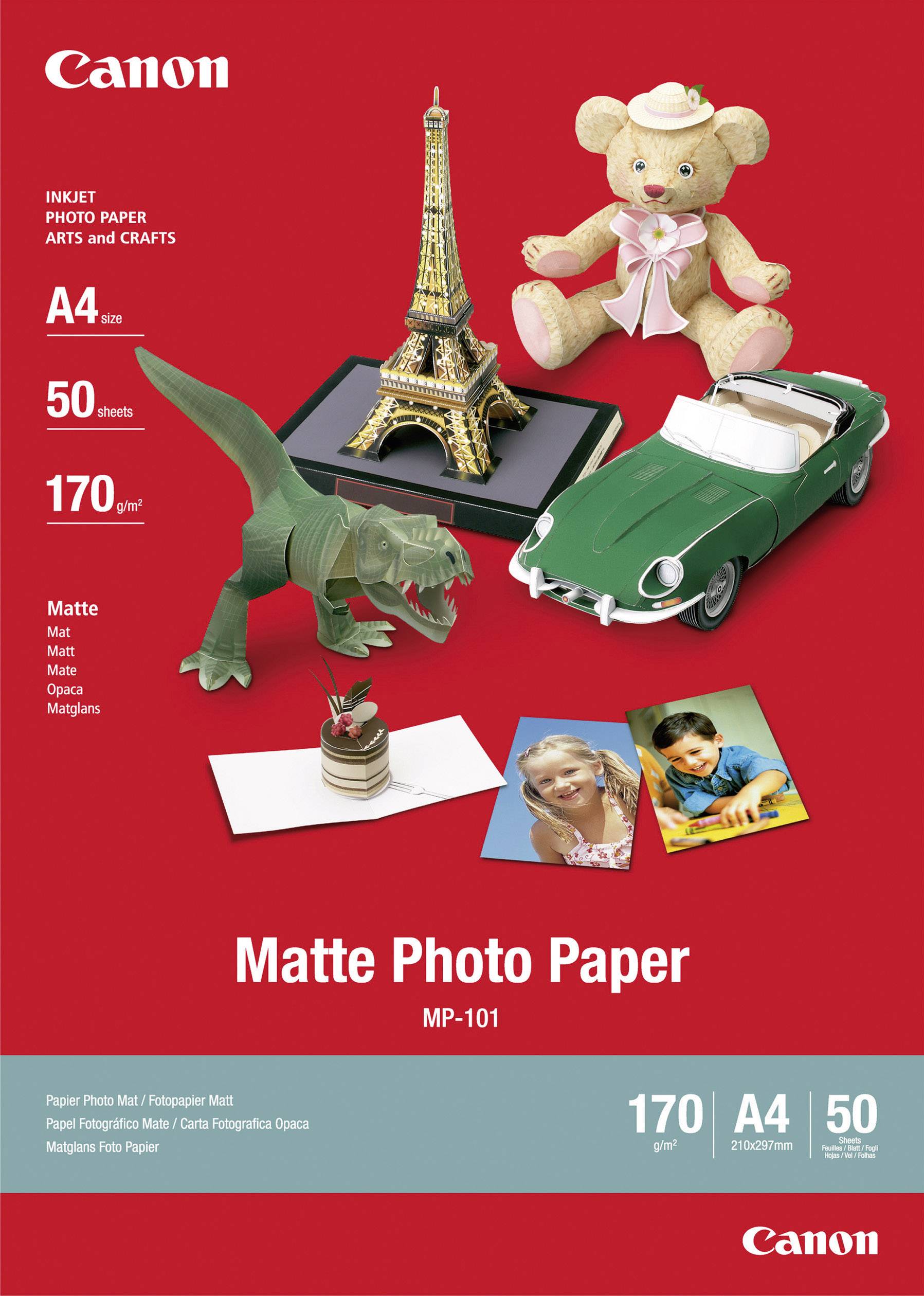 Fotografický papír Canon Inkjet (Umění a řemeslo) formátu A4, 50 listů, 170 g/m². Obsahuje fotografie modelů a rukodělných výrobků na červeném pozadí.