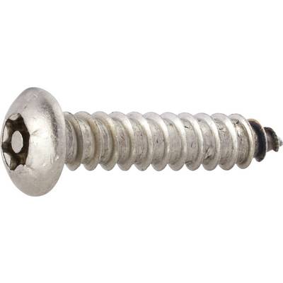 Malý stříbrný kovový šroub se zapuštěnou hlavou, rozpoznatelný vzor Torx drážky. Používán především pro mechanické spoje.