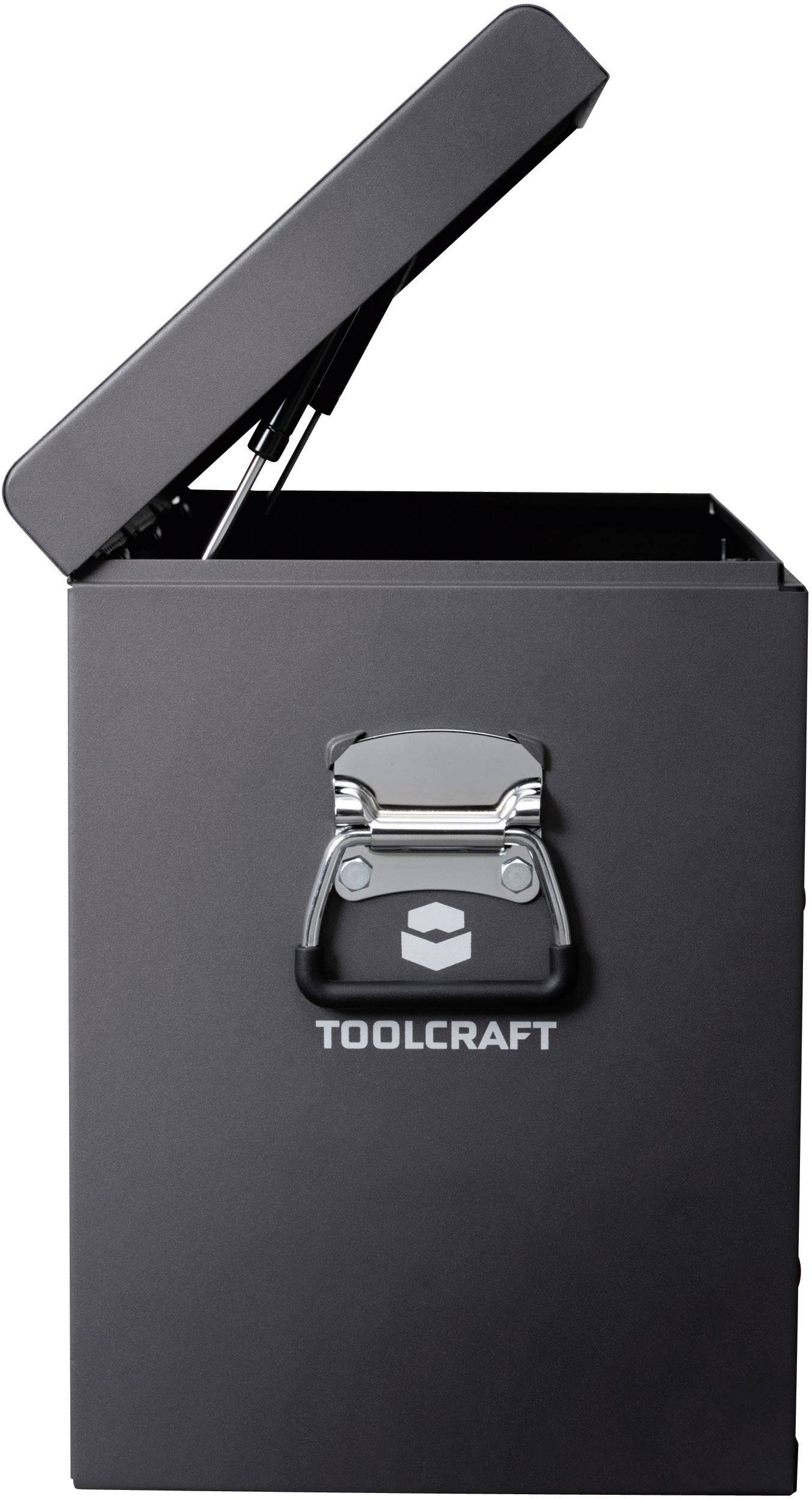 Otevřený černý kovový box s pákovým madlem vpředu a logem 'TOOLCRAFT', pravděpodobně určený pro skladování nástrojů.