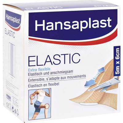 Balení elastické náplasti značky Hansaplast, 5 m x 6 cm. Produkt je mimořádně flexibilní a přizpůsobivý.