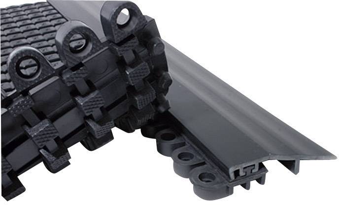 Černé vzájemně zapadající plastové dlaždice se zkosenou hranou, určené pro použití jako podlahová krytina.