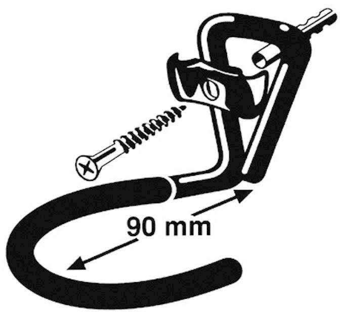 Háková konzole se šroubem a hmoždinkou, popisuje rozteč 90 mm. Vhodná pro bezpečné upevnění těžkých předmětů na stěny.