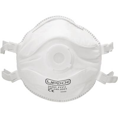 Respirátor s ventilem, vytištěným modelem a standardy. Bílý, kulatý, ergonomický tvar.