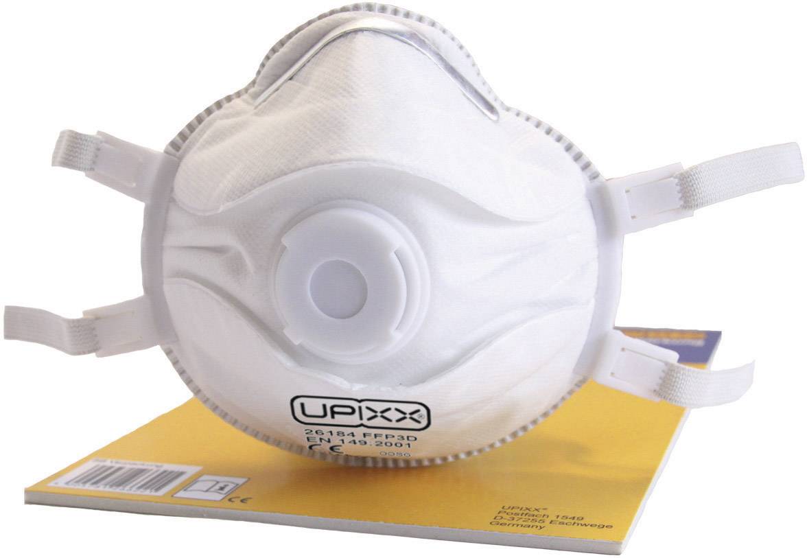 Bílý respirátor s ventilkem leží na žluté knize. Na masce je nápis 'UPIXX' s výrobními čísly pod ním.