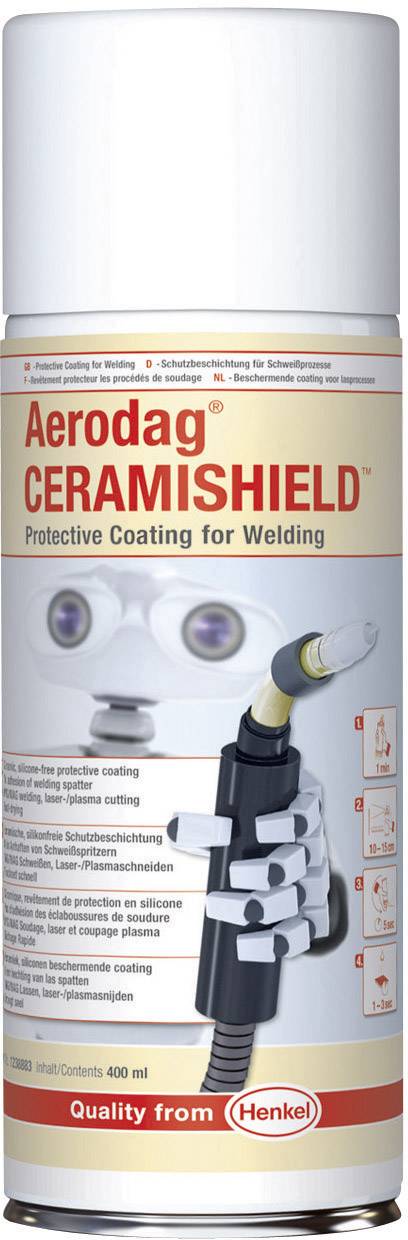 Sprej 'Aerodag CERAMISHIELD', ochranný povlak pro svařování, 400 ml. Produkt společnosti Henkel, určený pro laserové plazmové řezání.