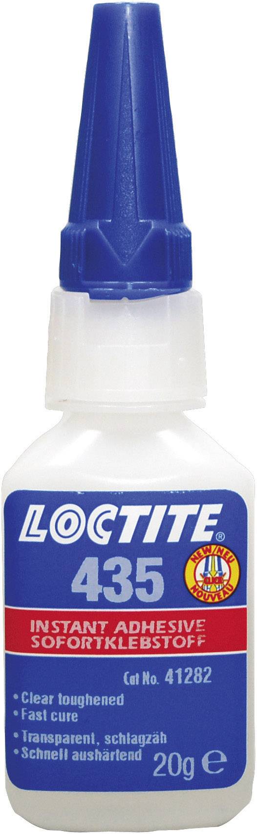 Láhev Kleber s modným uzávěrem, nápis 'Loctite 435', 'Okamžité lepidlo', 20g. Obsahuje informace o rychlém vytvrzení a transparentnosti.