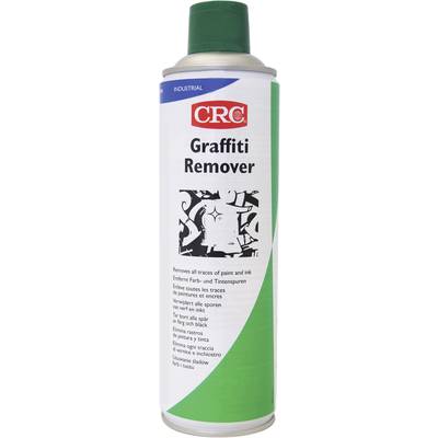 Sprej se zeleně-bílou etiketou značky 'CRC'. Nápis: 'Odstraňovač graffiti', odstraňuje stopy barev a inkoustu.