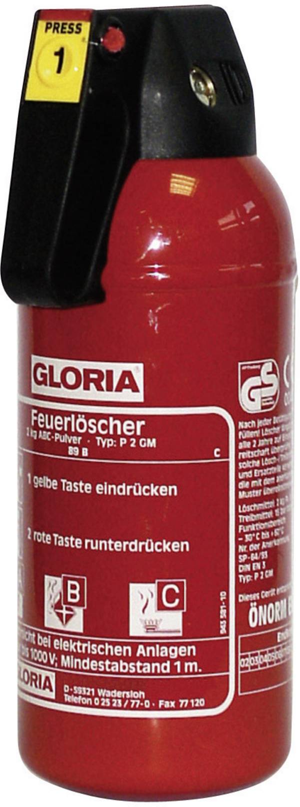 Gloria  P2GM  práškový hasicí přístroj    2 kg  Třída hoření: A, B, C  Obsah 1 ks