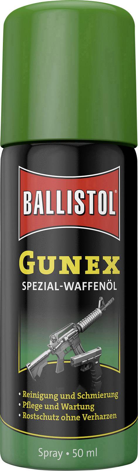 Sprej s olejem Ballistol Gunex pro čištění a mazání zbraní, péči a údržbu, ochrana proti korozi bez tvorby pryskyřic, obsah 50 ml.