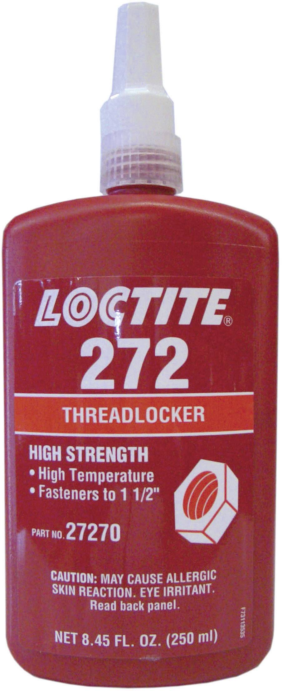 Červená láhev s nápisem 'LOCTITE 272 Threadlocker'. Vhodné pro vysoké teploty. Pozor: Možné kožní reakce.