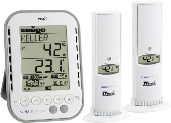 TFA Dostmann KLIMALOGG PRO Starter Set vlhkoměr vzduchu (hygrometr), 1 % rF-99 % rF, TFA klima v místnosti, startovní sada , Funkce dataloggeru