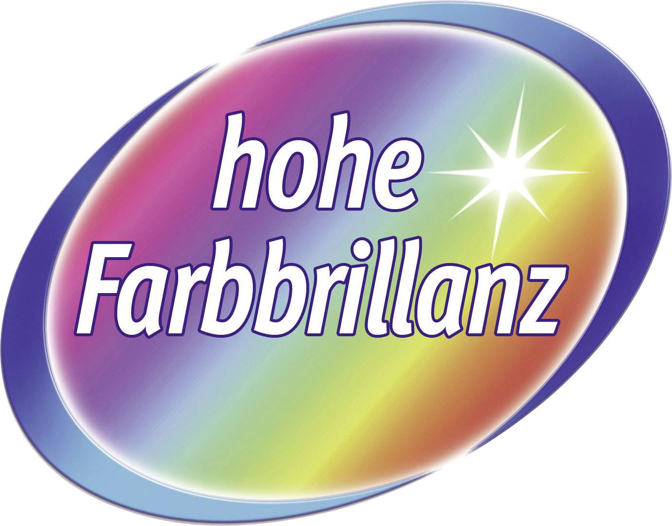 Oválné logo s duhově barevným pozadím. Uprostřed je text 'vysoká barevná sytost' v bílé barvě s jiskřícím hvězdičkou.