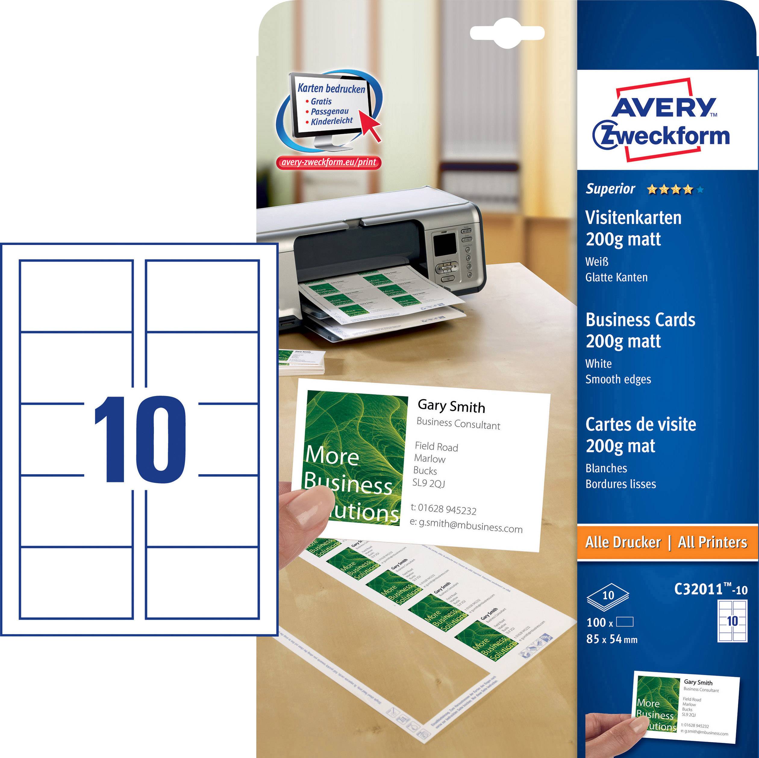 Avery-Zweckform C32011-10 potisknutelné vizitky, hladké hrany 85 x 54 mm bílá 100 ks Formát papíru: A4