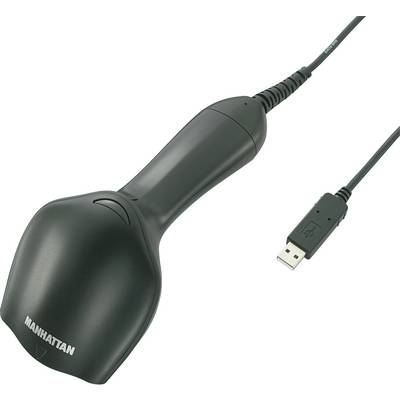 Černý ruční čtečka čárových kódů značky Manhattan s USB kabelem, vhodná pro pokladní systémy nebo správu inventáře.