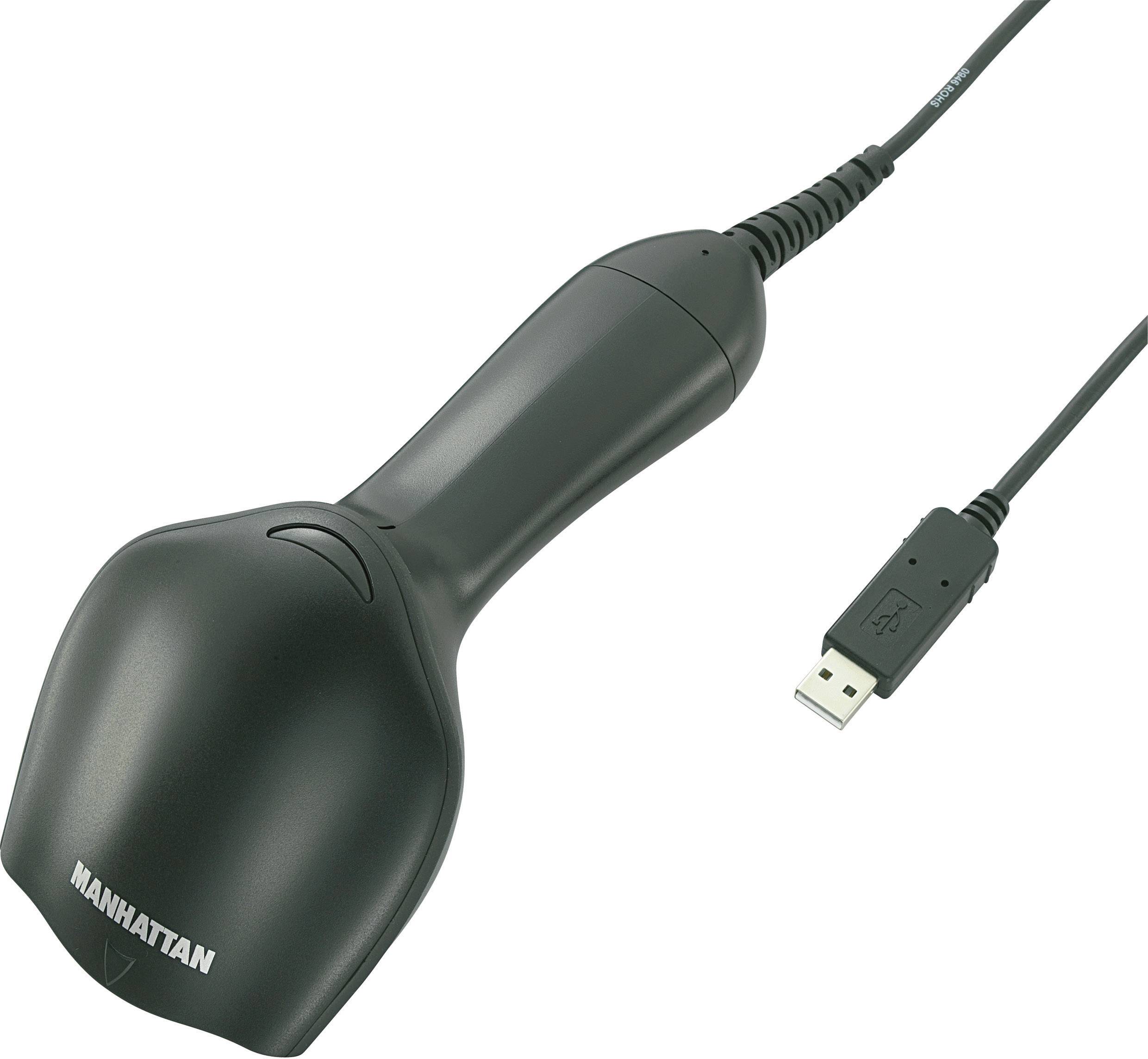 Černý, kabelový čtečka čárových kódů značky 'Manhattan', připojená přes USB kabel, leží na světlém povrchu.