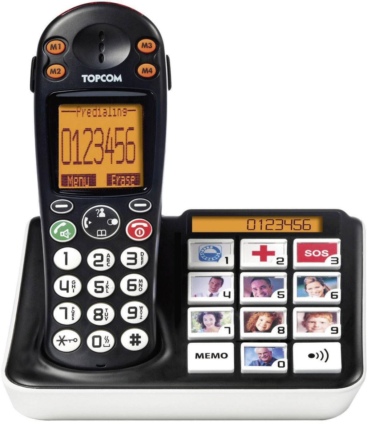 Telefon se základnou a rotačním voličem, velká tlačítka s obrázky pro přímou volbu, displej zobrazuje '0123456', tlačítka SOS a pro přivolání zdravotnické pomoci.