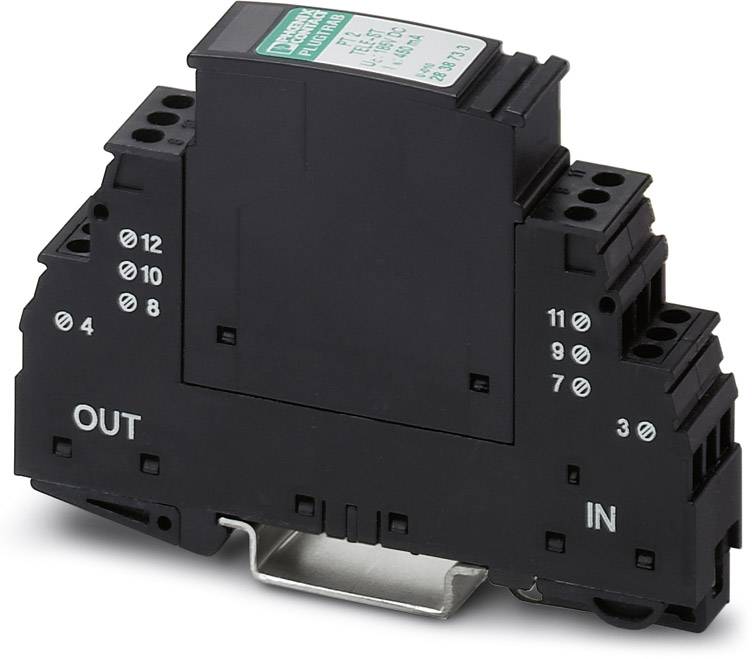 Elektrické spínací zařízení pro montáž na DIN lištu, černé pouzdro s označeními 'IN' a 'OUT' a připojovacími svorkami.