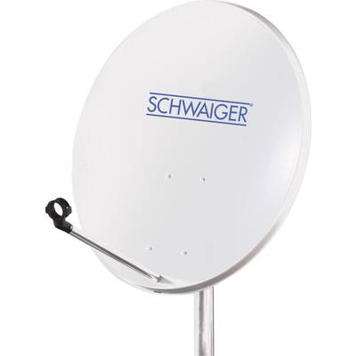 Satelitní parabola na stožáru s nápisem 'Schwaiger' na ploše, směřující nahoru pro příjem signálu.