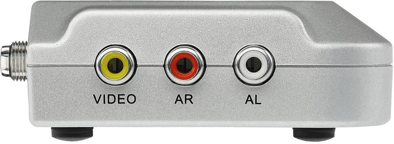 Stříbrné elektronické zařízení zobrazuje stránku se třemi zdířkami: žlutě označenou 'VIDEO', červeně 'AR' a bíle 'AL'.