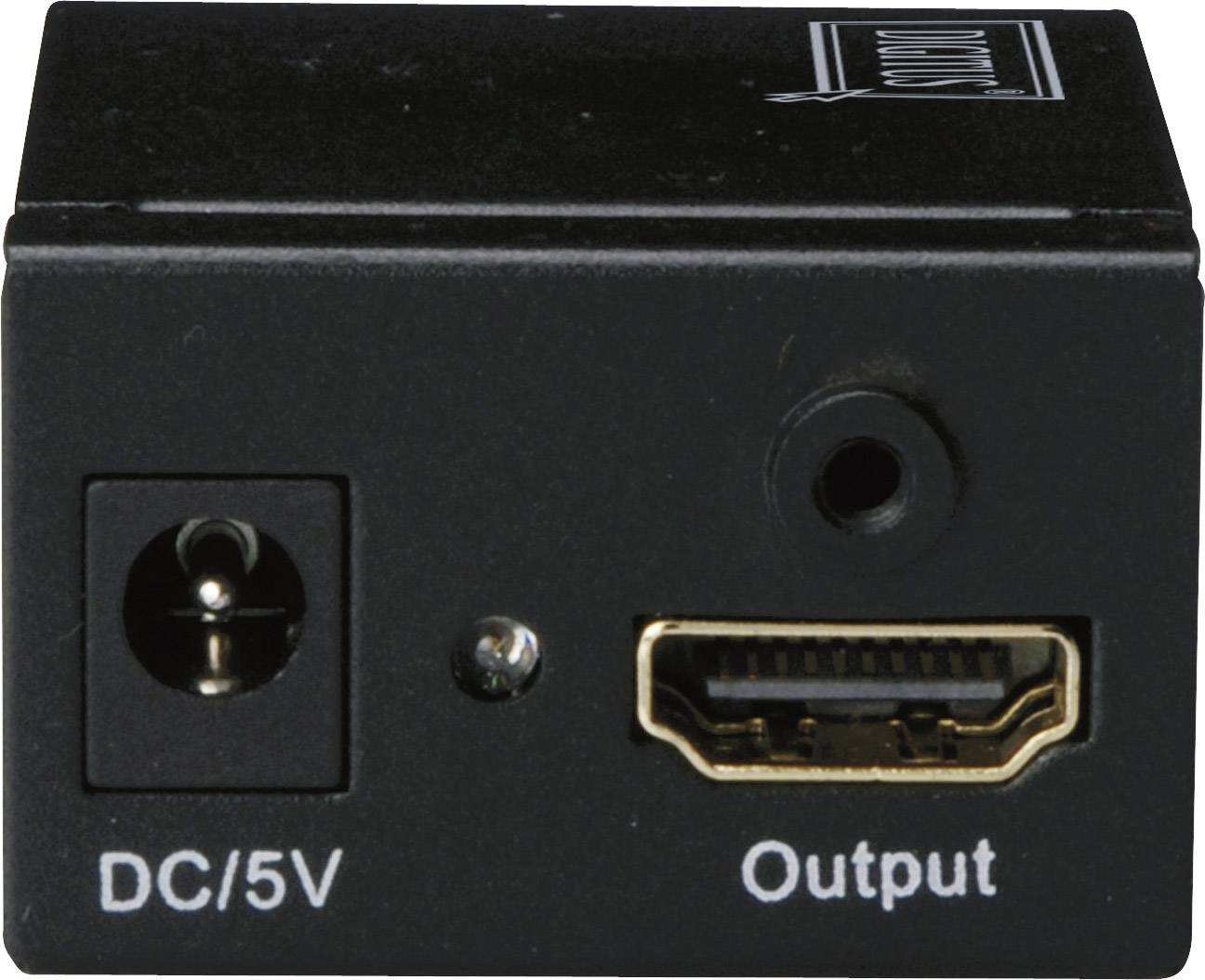Černý adaptér se třemi konektory: DC/5V pro napájení, LED indikátor a HDMI výstup označený jako 'Output'.
