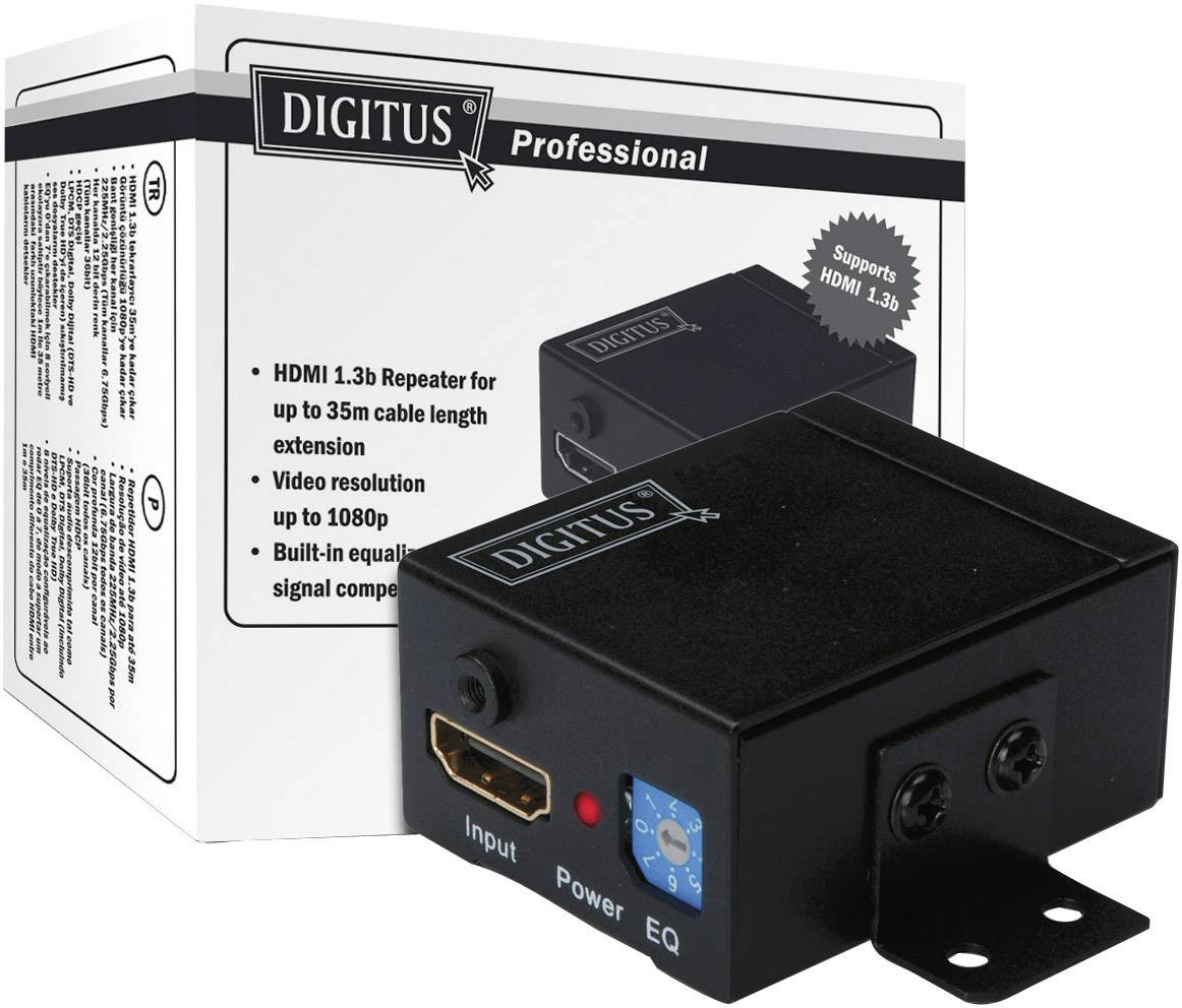 Černý HDMI 1.3b-repeater od DIGITUS před balením, vhodný pro prodloužení signálu až na 35m, podporující 1080p, s ekvalizérem.