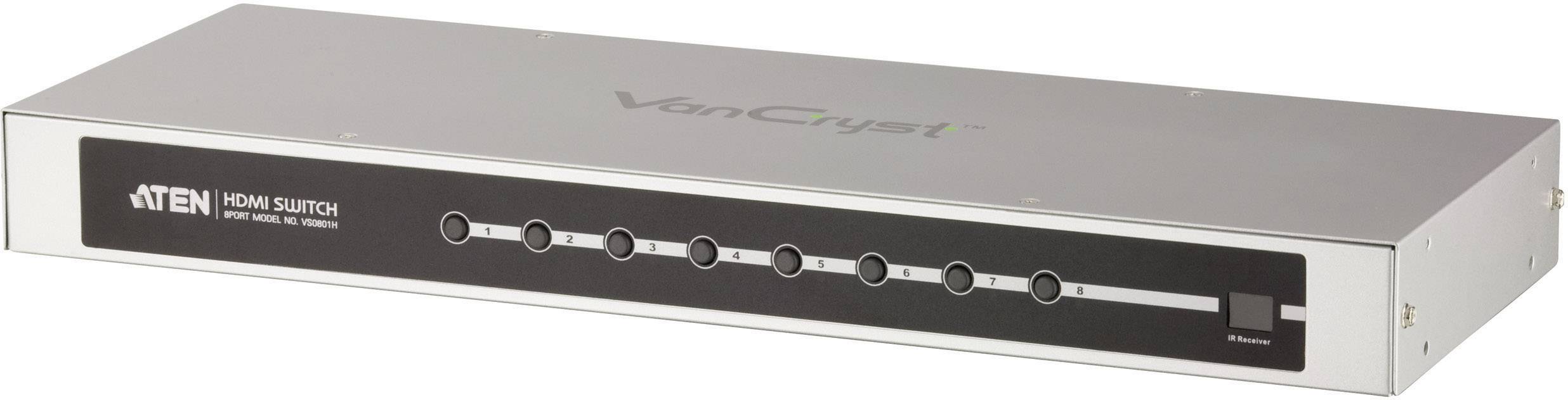 Osmivstupový HDMI přepínač s jedním tlačítkem pro výběr. Nápis: 'ATEN HDMI Switch'.