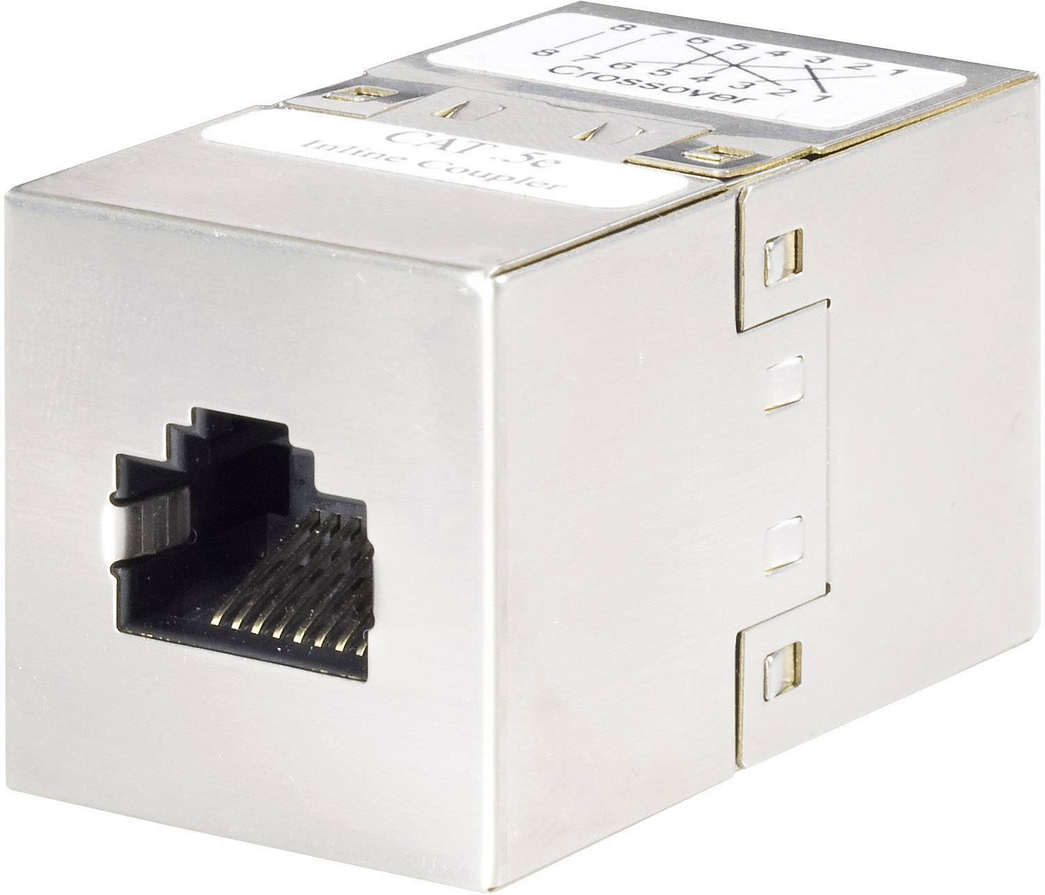 CAT 7A inline spojka s kovovým pouzdrem a konektory RJ45, určená pro propojení a prodloužení síťových kabelů.