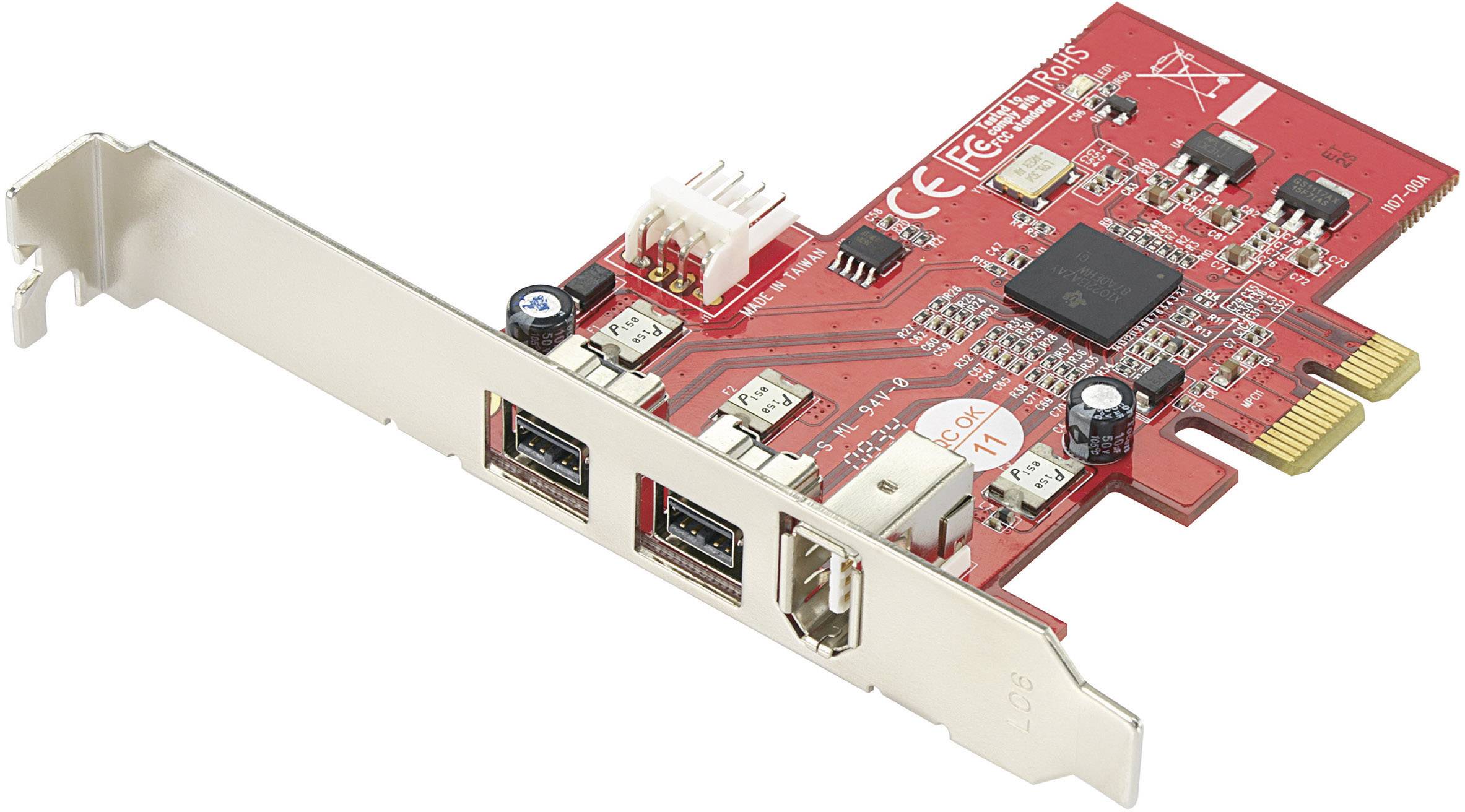 Červená rozšiřující PCIe karta se dvěma USB porty a jedním FireWire portem. Vhodná pro instalaci do počítačové skříně.