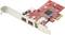 Červená rozšiřující PCIe karta se dvěma USB porty a jedním FireWire portem. Vhodná pro instalaci do počítačové skříně.