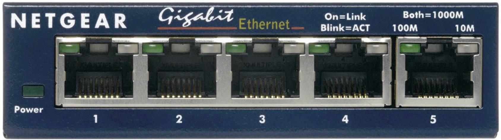 Osmiportový síťový switch NETGEAR Gigabit Ethernet, barevně rozlišené LED indikátory zobrazující stav připojení a rychlost, zelená LED pro napájení.