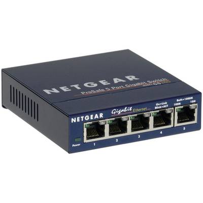 Síťový switch od Netgearu s pěti ethernetovými porty a štítky pro indikaci rychlosti a stavové LED diody.