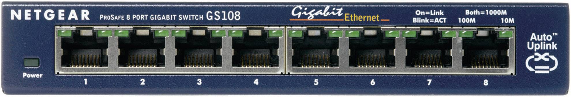 Síťový přepínač Netgear ProSafe 8-Port Gigabit Switch GS108 s osmi ethernetovými porty, LED indikátory stavu připojení a funkcí Auto-Uplink.