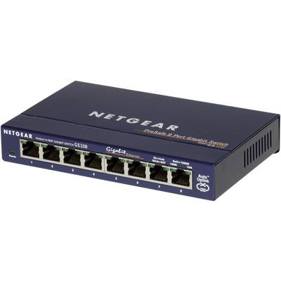 Modrý 8portový gigabitový switch Netgear pro ethernetová připojení, model GS108. Přední strana zobrazuje osm ethernetových portů.