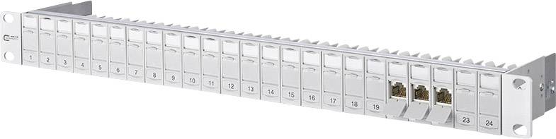 Patch panel se 24 porty, číslovaný od 1 do 24, určený k montáži do racku. Dva porty jsou propojeny.