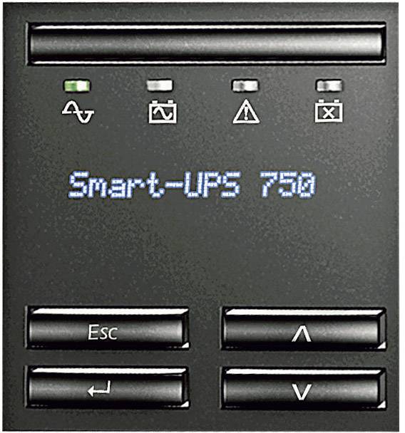 Displej nepřerušovaného zdroje napájení s textem 'Smart-UPS 750' a symboly pro stav, baterii a poruchu. Ovládací tlačítka dole.