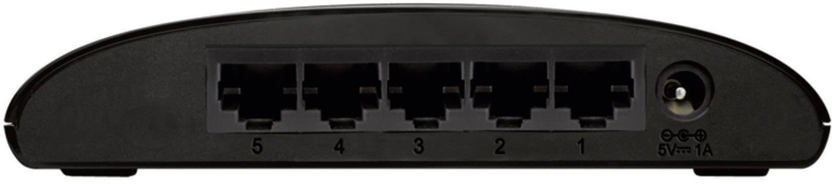 Černý síťový switch s pěti ethernetovými porty a síťovým připojením. Porty jsou očíslovány od 1 do 5.