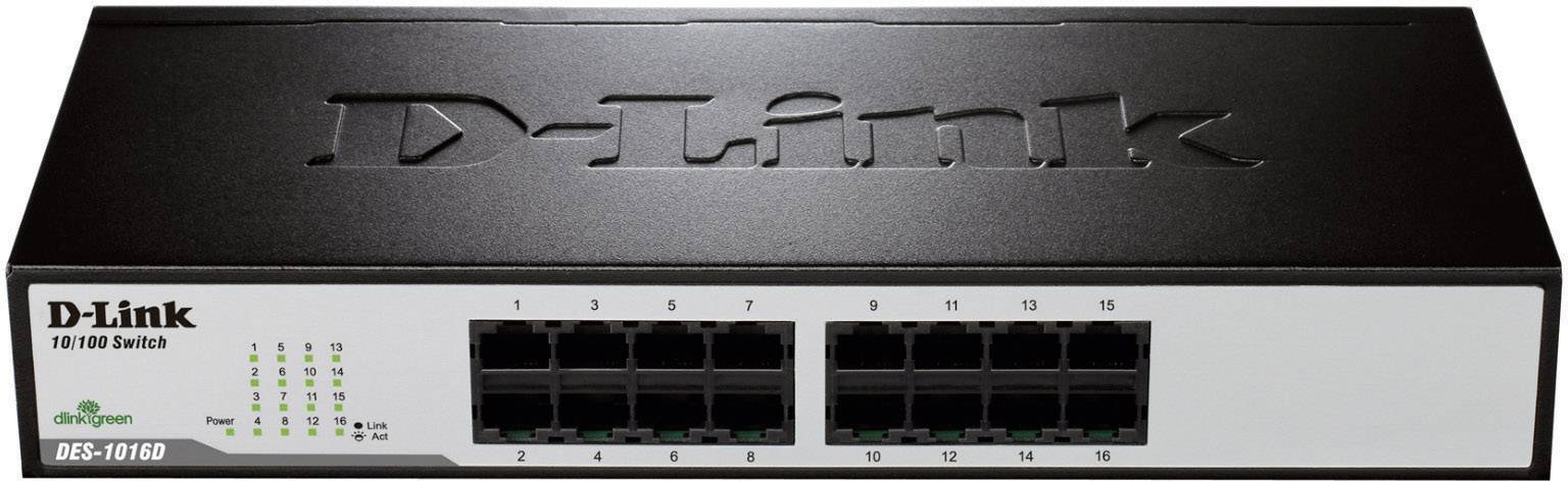 Síťový switch značky D-Link, model DES-1016D, s 16 ethernetovými porty na přední straně.