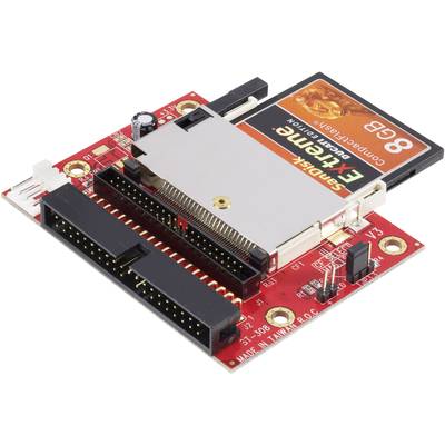 Červená elektronická deska plošných spojů s pozicí pro CompactFlash kartu. Obsahuje několik konektorů a elektronických součástek.