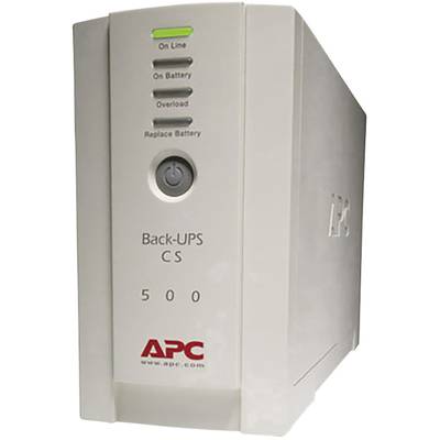 Záložní zdroj napájení APC Back-UPS CS 500 zobrazuje nepřerušovaný systém napájení s indikačními kontrolkami pro online stav, baterii, přetížení a nutnost výměny baterie.