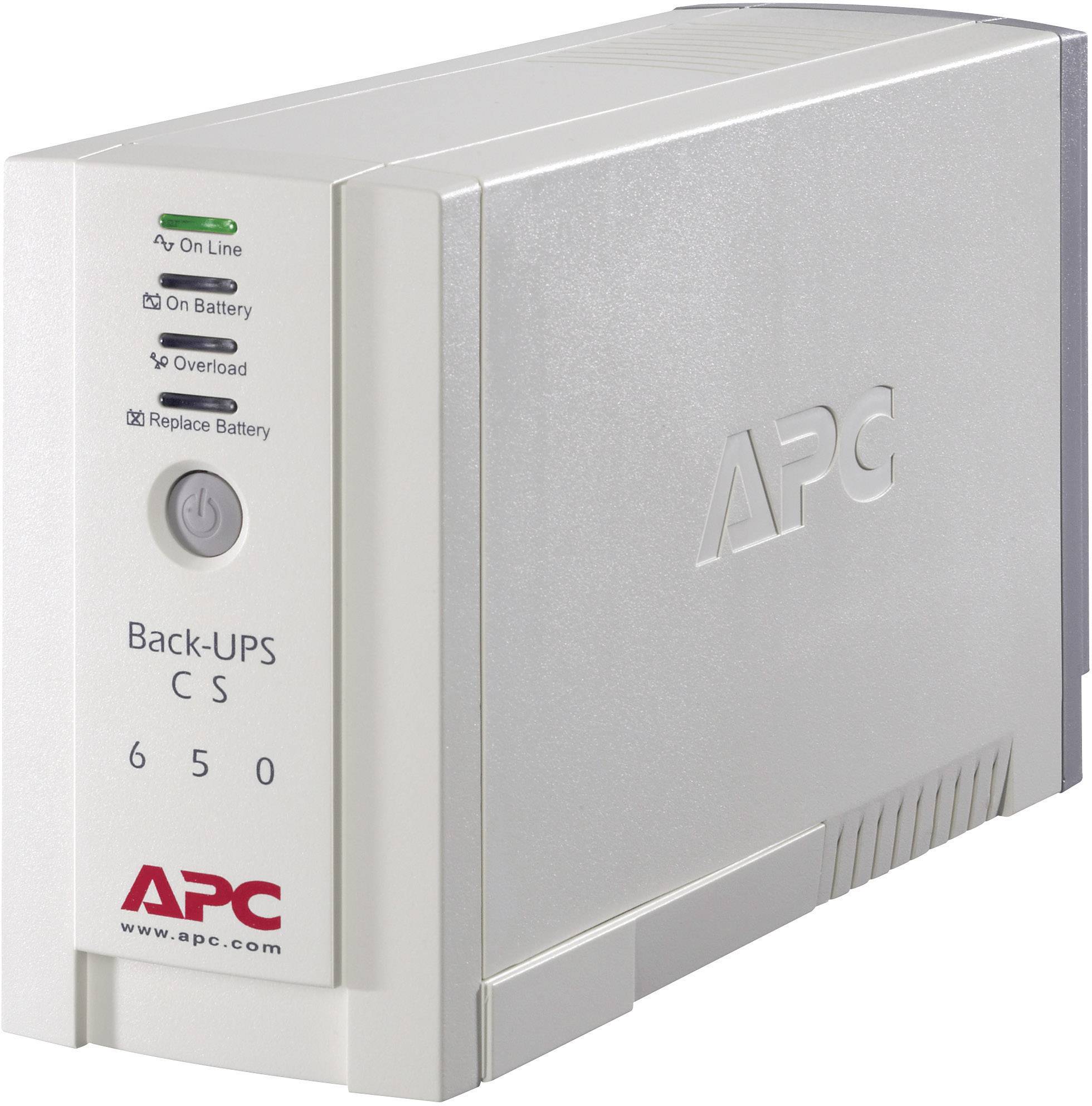 Nepřerušitelný zdroj napájení (UPS) od společnosti APC, model Back-UPS CS 650, stříbrné barvy, s indikátorem provozu a stavovými kontrolkami.