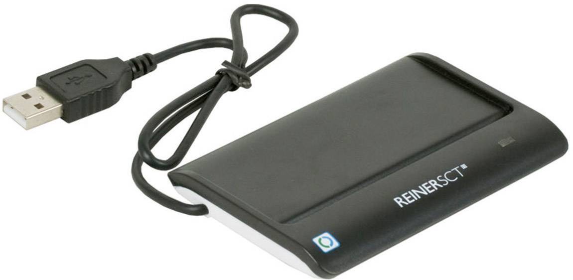Černá čtečka USB karet s kabelem, vhodná pro průkazy a čipové karty. Používaná především v kancelářích pro bezpečnou autentizaci.