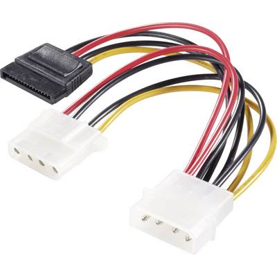 SATA napájecí adaptér se dvěma bílými Molex konektory a jedním černým SATA konektorem, propojený barevnými kabely.
