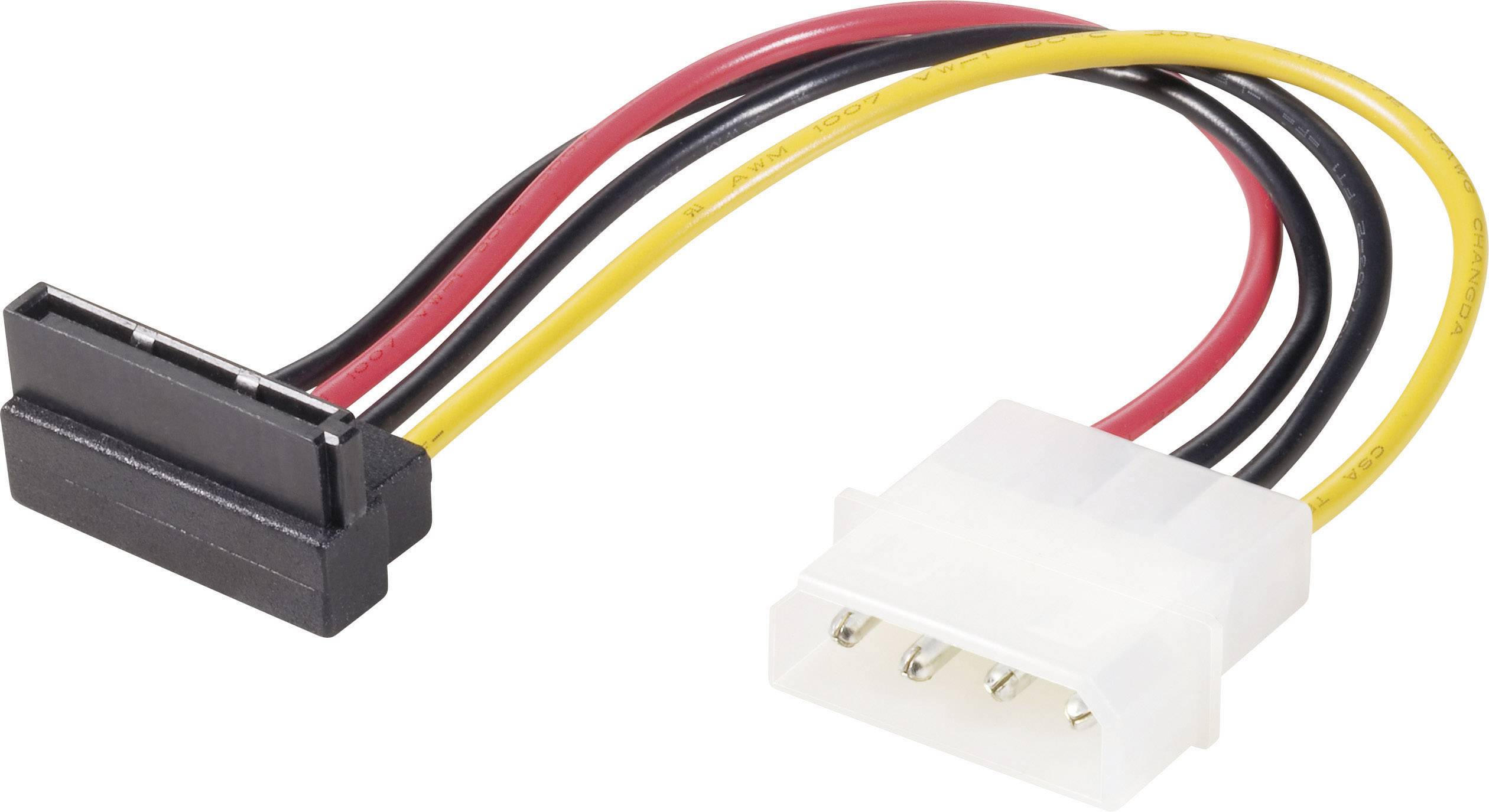 Napájecí adaptérový kabel SATA na Molex s černou SATA koncovkou a bílou Molex koncovkou, obklopený červenými, žlutými a černými vodiči.