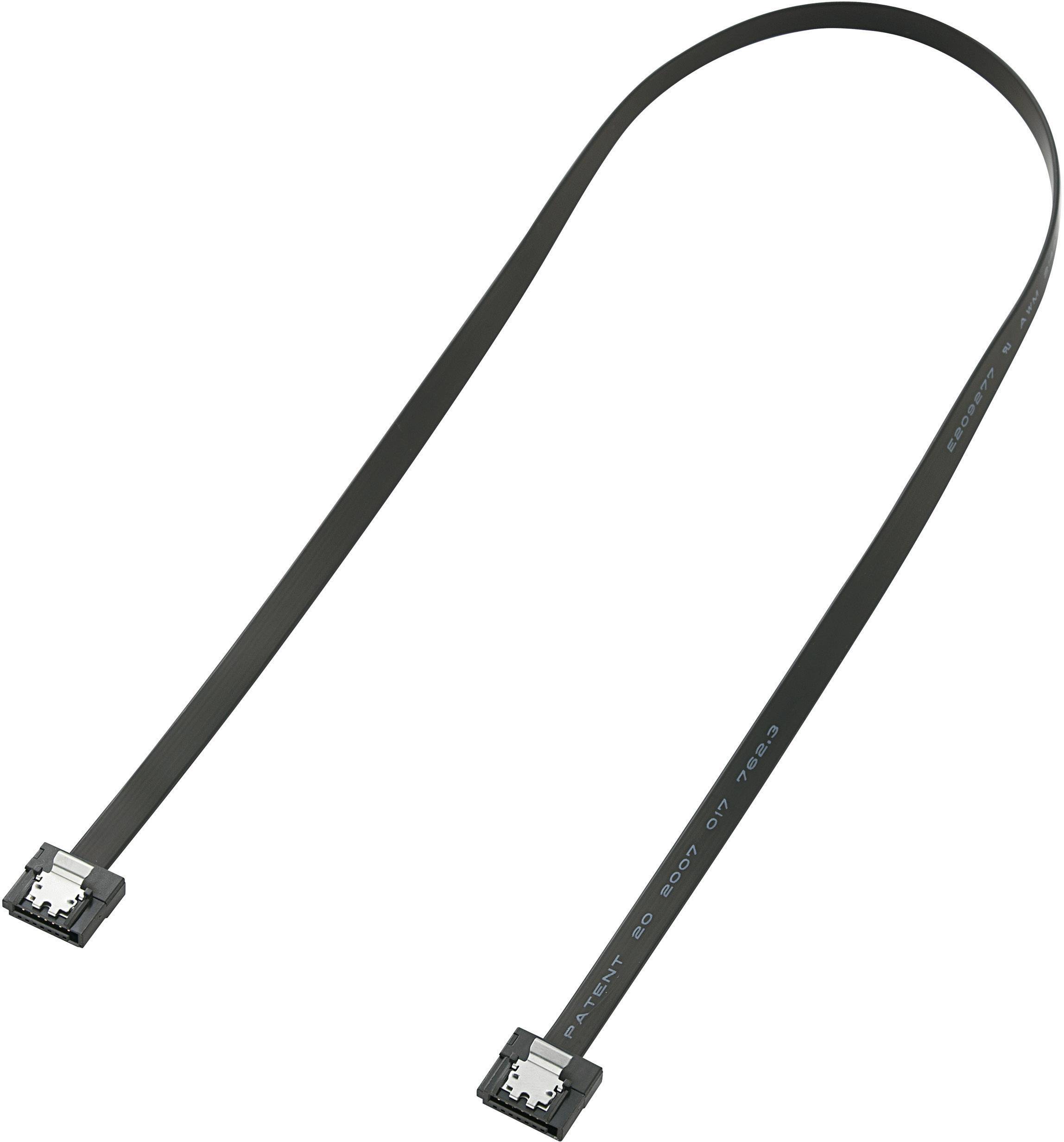 Plochý černý kabel se dvěma konektory na koncích, vhodný pro elektronické propojení v počítačích.
