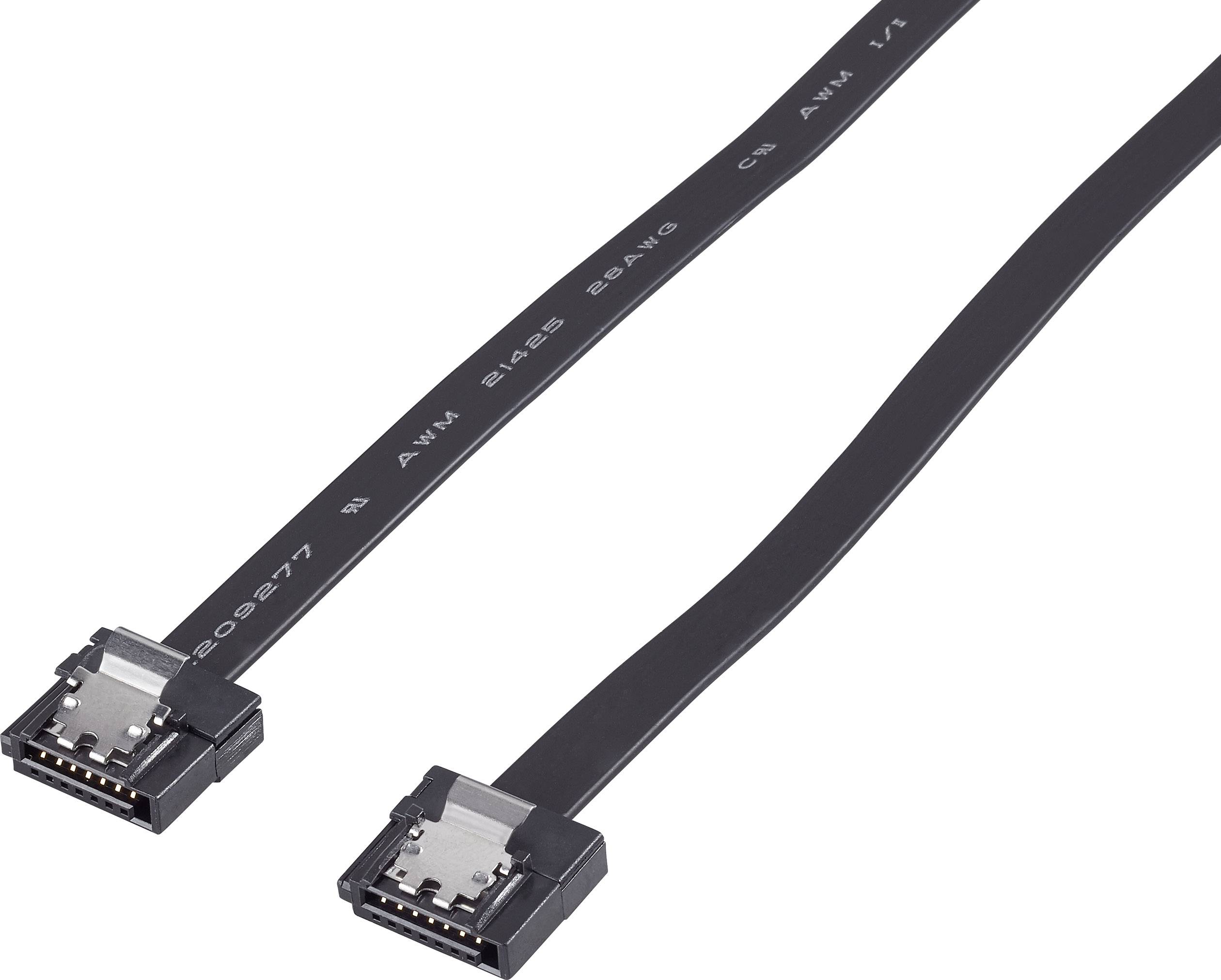 Černý SATA kabel se dvěma konektory, používaný pro připojení pevných disků nebo SSD k základní desce v počítačích.