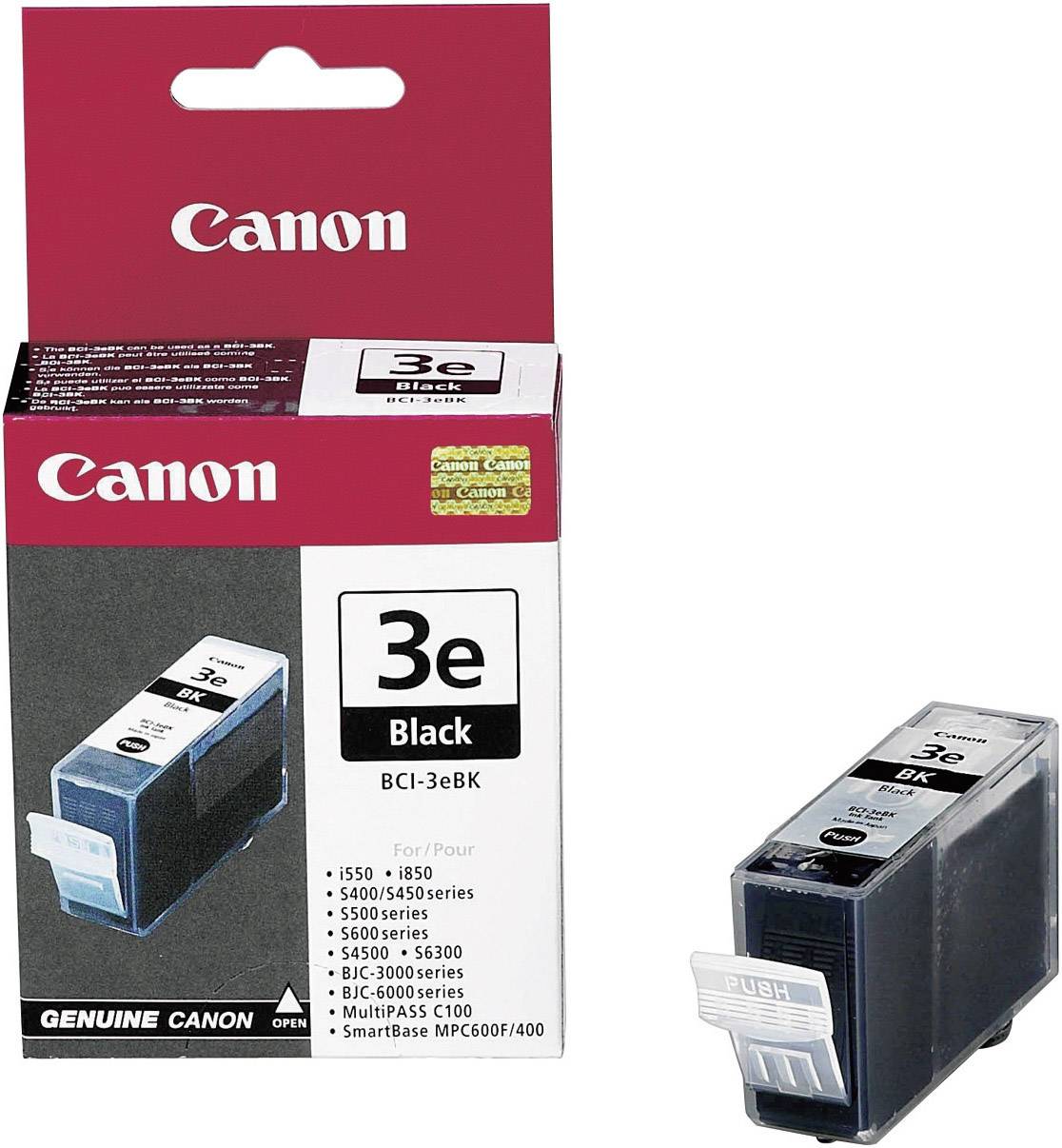Černá inkoustová kazeta Canon BCI-3e s obalem. Vhodná pro modely jako i550, i850, S400 a další.