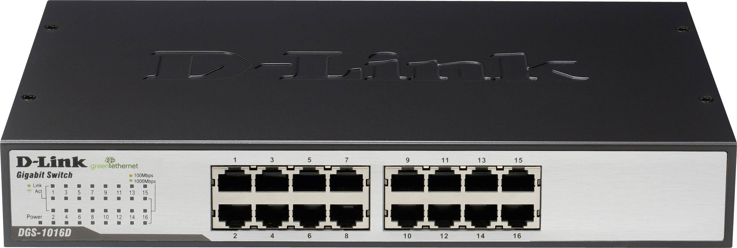 D-Link Gigabit Switch DGS-1016D se 16 ethernetovými porty pro síťové připojení a správu, vhodný pro malé až střední podniky.
