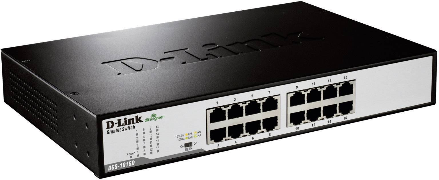 Černý D-Link 16portový gigabitový switch, model DGS-1016D, pro síťové aplikace, s indikačními LED diodami pro stav portů.