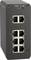 Černý ethernetový switch s osmi RJ45 porty a třemi LED kontrolkami pro stavové indikace na přední straně: PWR1, 2 a Alm.